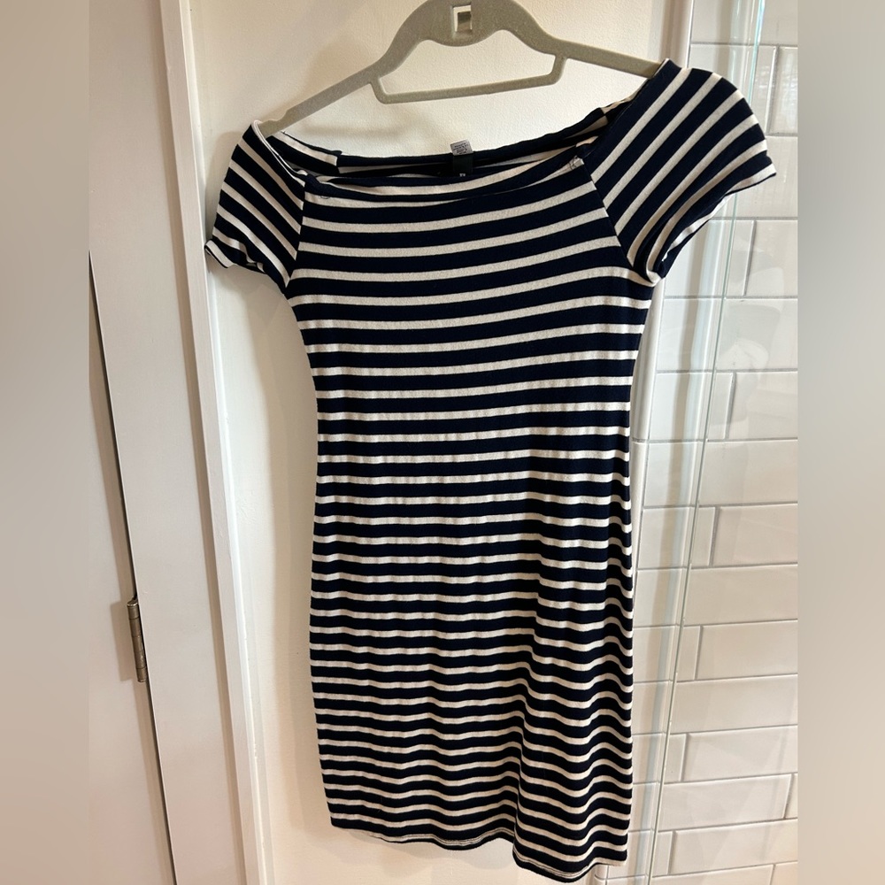 Navy blue and white cotton off the shoulder dress in size medium